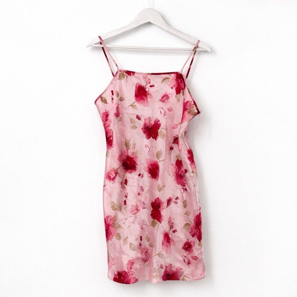 Gilligan & O’Malley Pink Satin Slip Dress Rose Floral Mini Nightgown Size Large